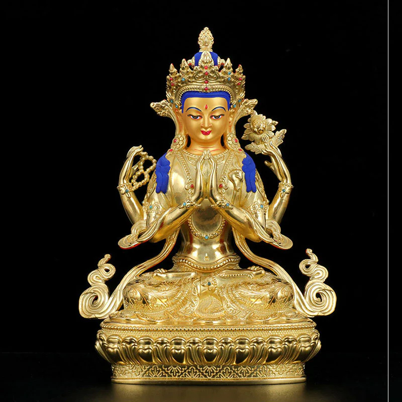 Buddha Stones Chenrezig Four-armed Avalokitesvara Protection Copper Gold Plated Statue Decoration