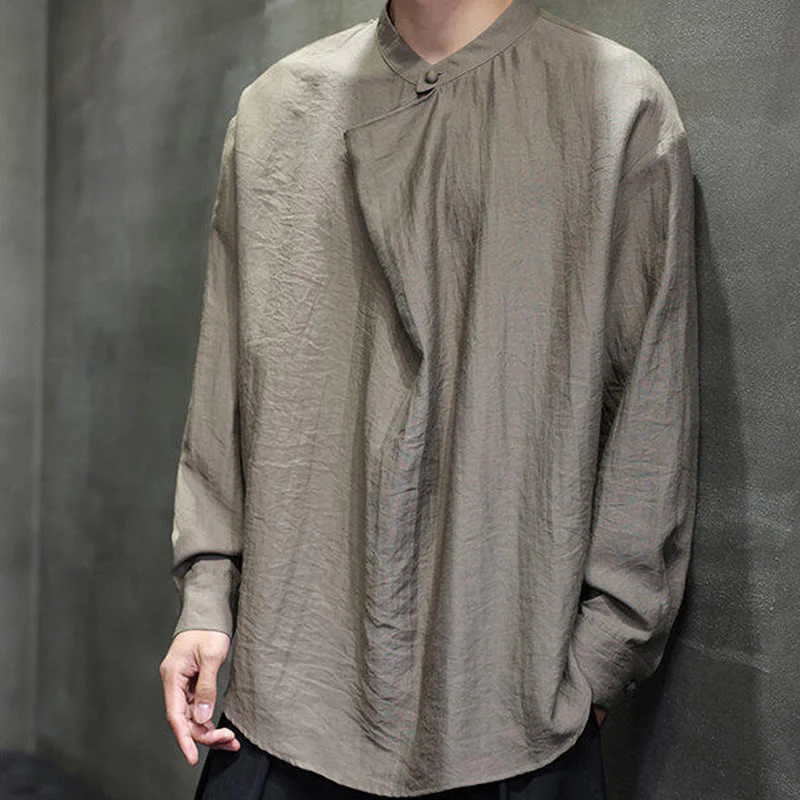 Buddha Stones Spring Solid Color Pleated Stand Collar Design Tang Suit Men's Long Sleeve Linen Shirt