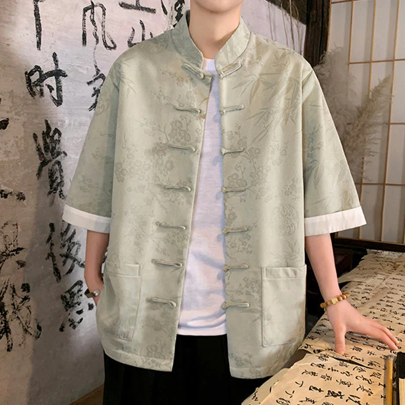 Buddha Stones Jacquard Bamboo Plum Bossom Pattern Chinese Frog-Button Design Men's Half Sleeve Cotton Shirt With Pockets