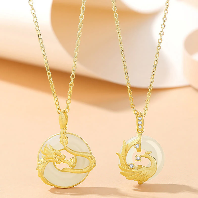 Buddha Stones 925 Sterling Silver Year of the Dragon Hetian Jade Golden Dragon Phoenix Peace Buckle Luck Necklace Pendant