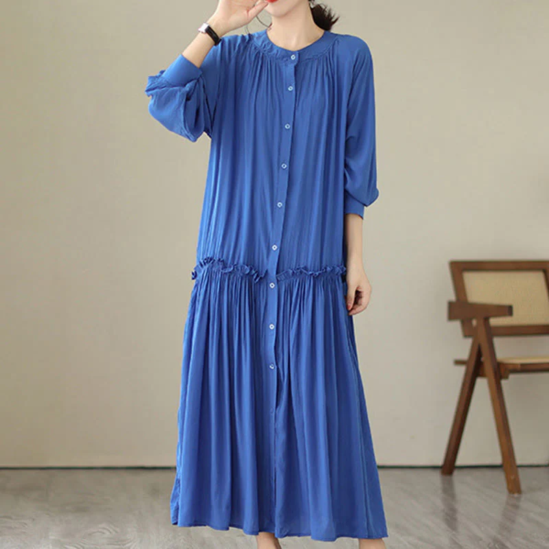 Buddha Stones Casual Plain Crew Neck Pleated Polyester Midi Dress With Pockets