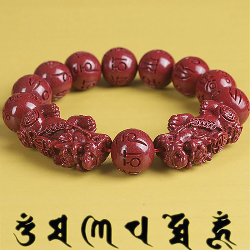 Buddha Stones Natural Double PiXiu Cinnabar Om Mani Padme Hum Wealth Luck Bead Bracelet