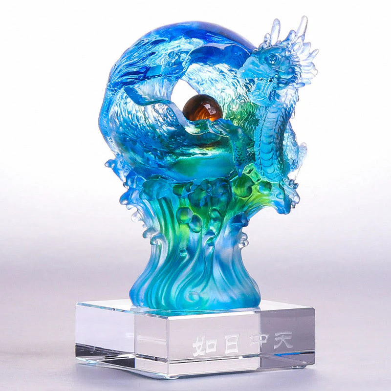 Buddha Stones Handmade Azure Dragon Liuli Crystal Art Piece Success Protection Home Office Decoration
