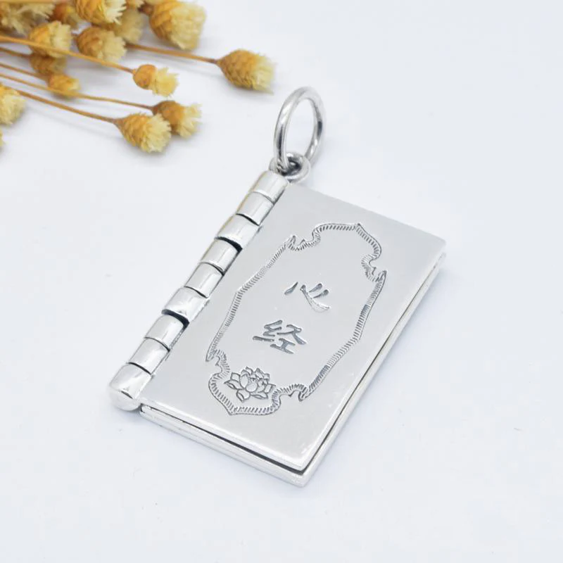 Buddha Stones 990 Sterling Silver Heart Sutra Great Compassion Shurangama Mantra Lotus Vajra Peace Necklace Pendant