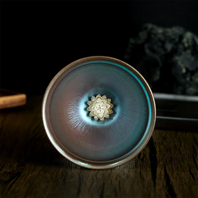Buddha Stones Handmade Chinese Jianzhan Lotus Flower Blue Purple Ceramic Teacup Kung Fu Tea Cup 150ml