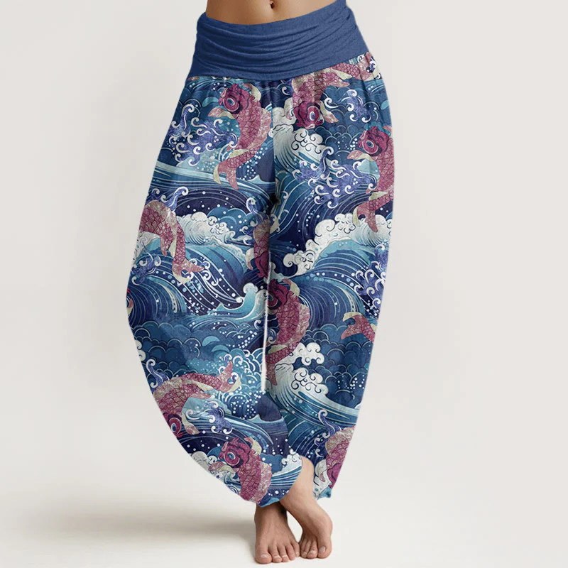 Buddha Stones Casual Koi Fish Ocean Waves Pattern Women's Elastic Waist Harem Pants