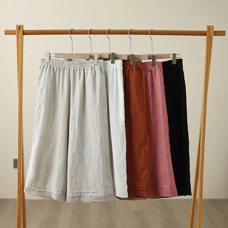 Buddha Stones Commute Retro Plain Lace Patchwork Design 7-8 Length Women's Wide Leg Cotton Pants With Pockets