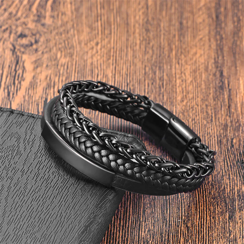 Buddha Stones Woven Pattern Titanium Steel Stimulation Multi-layer Leather Buckle Bracelet