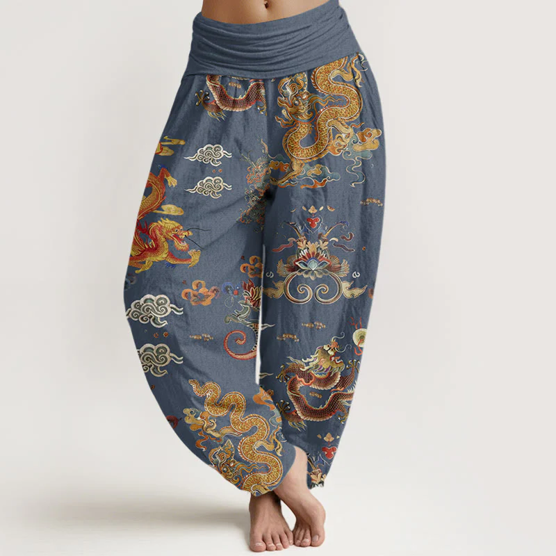 Buddha Stones Golden Dragons Auspicious Clouds Design Women's Elastic Waist Harem Pants