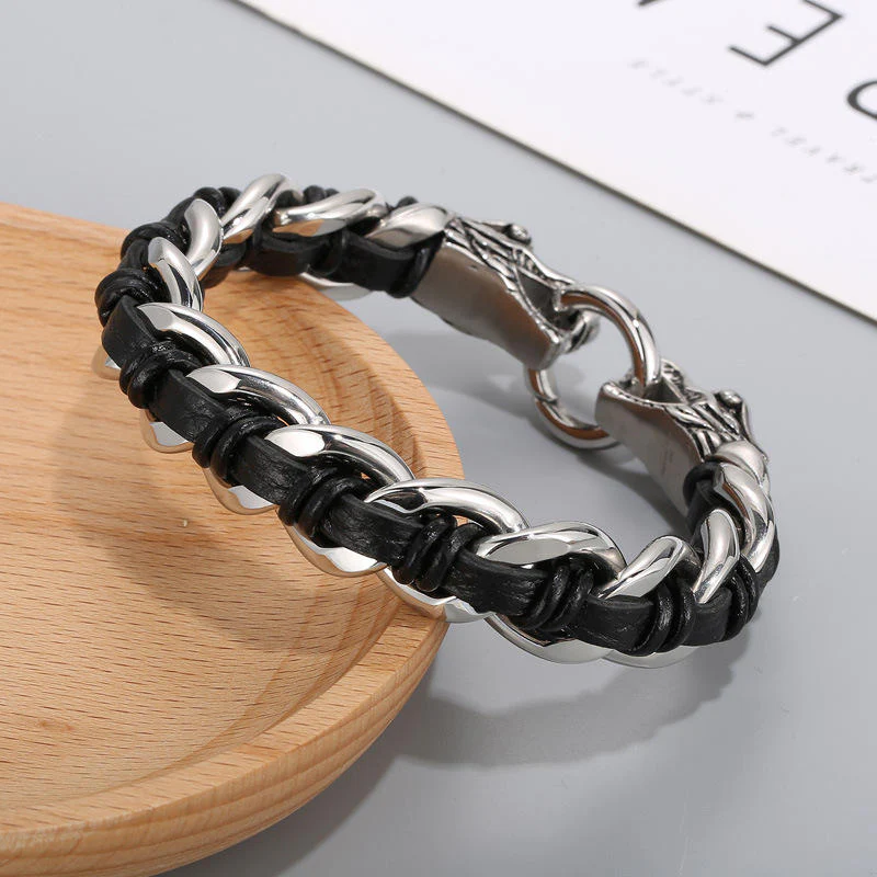 Buddha Stones Dragon Leather Titanium Steel Protection Luck Braided Bracelet