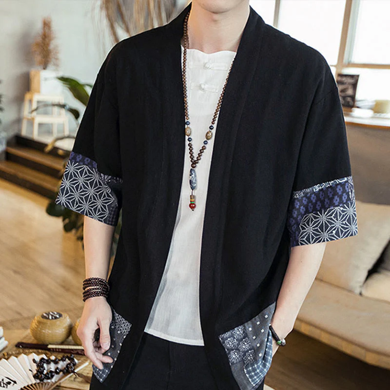 Buddha Stones Ethnic Printing Patchwork Design Open Front Jacket Cotton Linen Men's Kimono