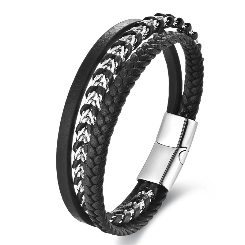 Buddha Stones Braided Design Titanium Steel Calm Multi-layer Leather Buckle Bracelet
