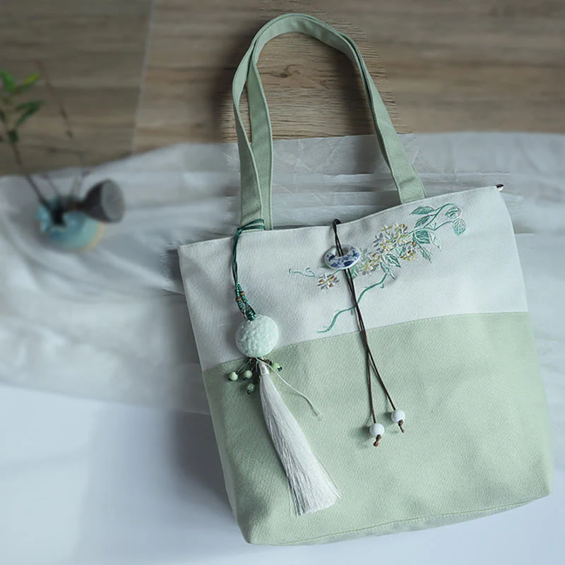 Buddha Stones Pear Flower Plum Peach Blossom Bamboo Embroidery Canvas Large Capacity Shoulder Bag Tote Bag