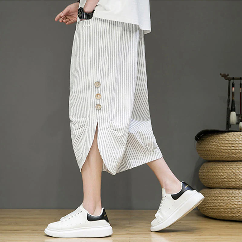 Buddha Stones Casual White Stripes Pattern Drawstring Button Design Men's Cotton Cropped Harem Pants With Pockets