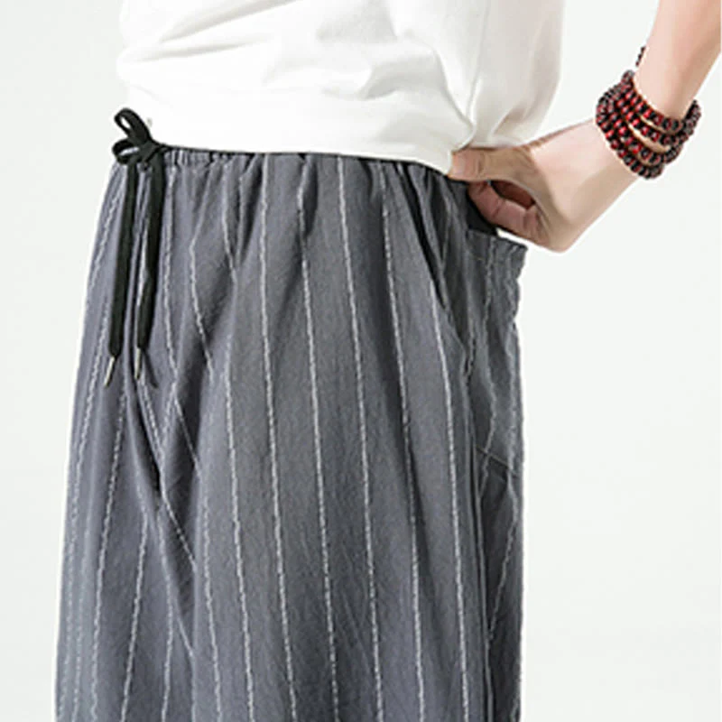 Buddha Stones Casual Plain Stripes Pattern Drawstring Men's 7-8 Length Cotton Linen Harem Pants With Pockets