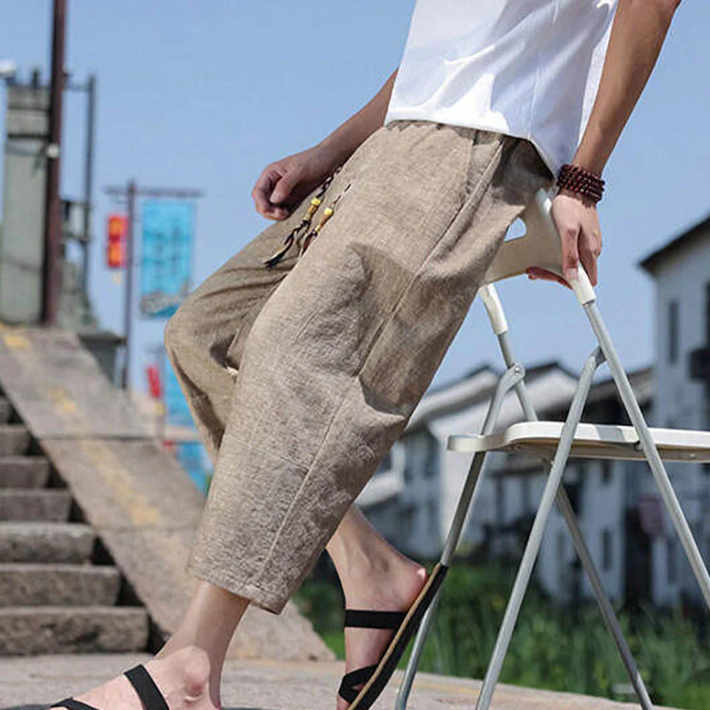 Buddha Stones Casual Woven Bead Waist Rope Men's 7-8 Length Spandex Pants With Pockets