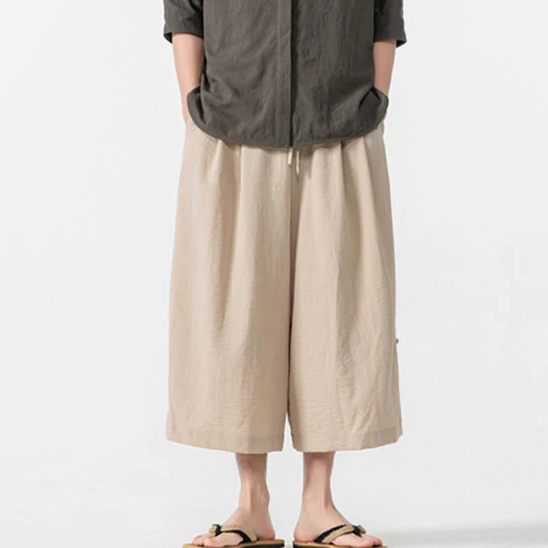 Buddha Stones Casual Loose Frog-Button Plain Men's Cotton 7-8 Length Wide Leg Pants With Pockets