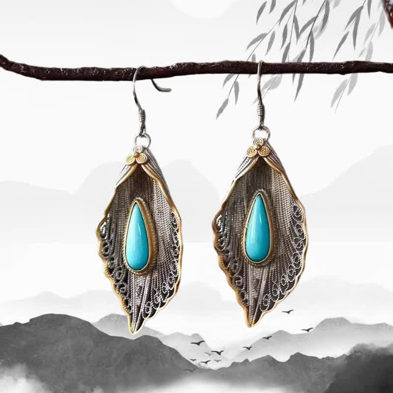 Buddha Stones 925 Sterling Silver Turquoise Bodhi Leaf Pattern Protection Drop Dangle Earrings