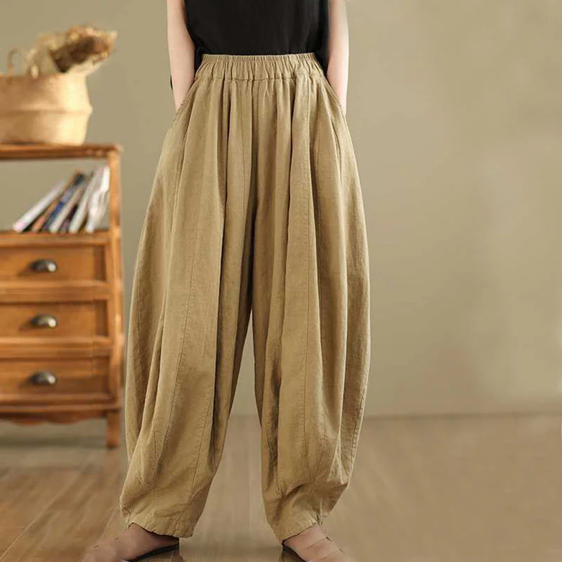 Buddha Stones Spring Casual Simple Design Women's Cotton Linen Harem Pants With Pockets