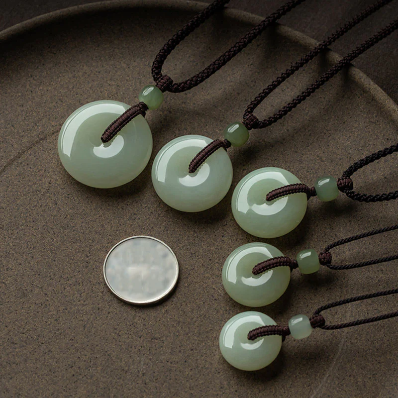Buddha Stones Natural Round Jade Peace Buckle Luck Prosperity Necklace Pendant