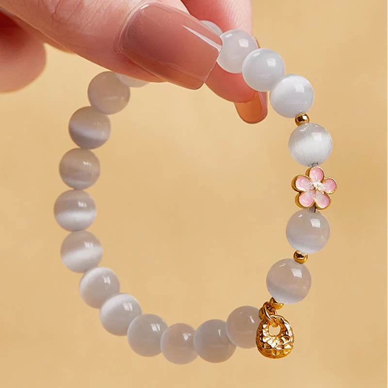 Buddha Stones 925 Sterling Silver Natural Peach Blossom White Cat's Eye Positive Bracelet