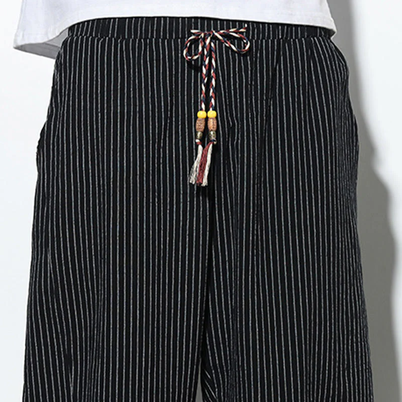 Buddha Stones Summer Stripes Pattern Drawstring Cotton Linen Men's 7-8 Length Harem Pants With Pockets