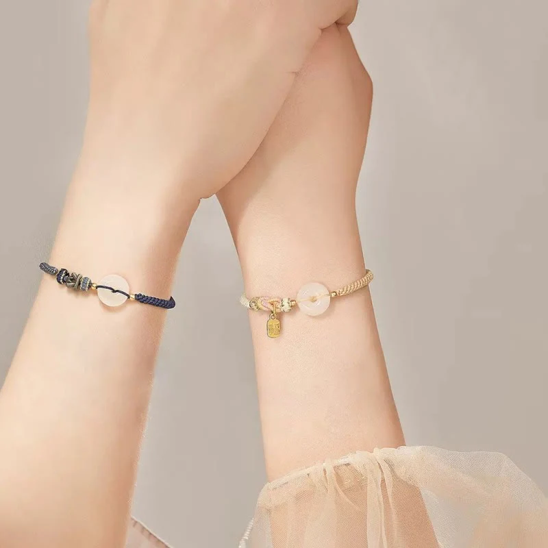 Buddha Stones Handmade White Agate Peace Buckle Luck Happiness Protection Weave String Bracelet