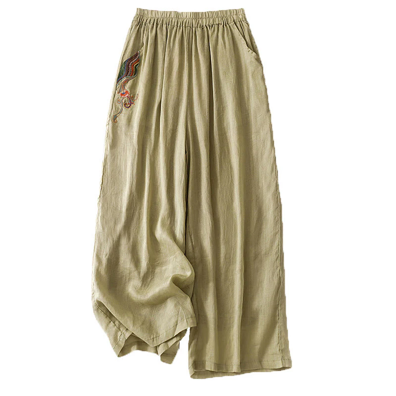 Buddha Stones Summer Embroidery Double Layer Cotton Linen Women's Wide Leg Pants With Pockets