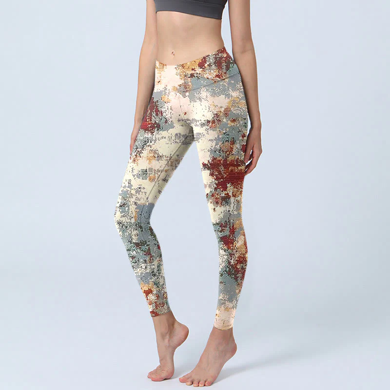 Buddha Stones Beige Red Grey Abstract Design Print Exercise Leggings Women's Yoga Pants