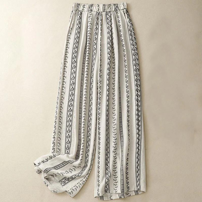 Buddha Stones Casual Vertical Printing Cotton Linen Women's Wide Leg Pants With Pockets