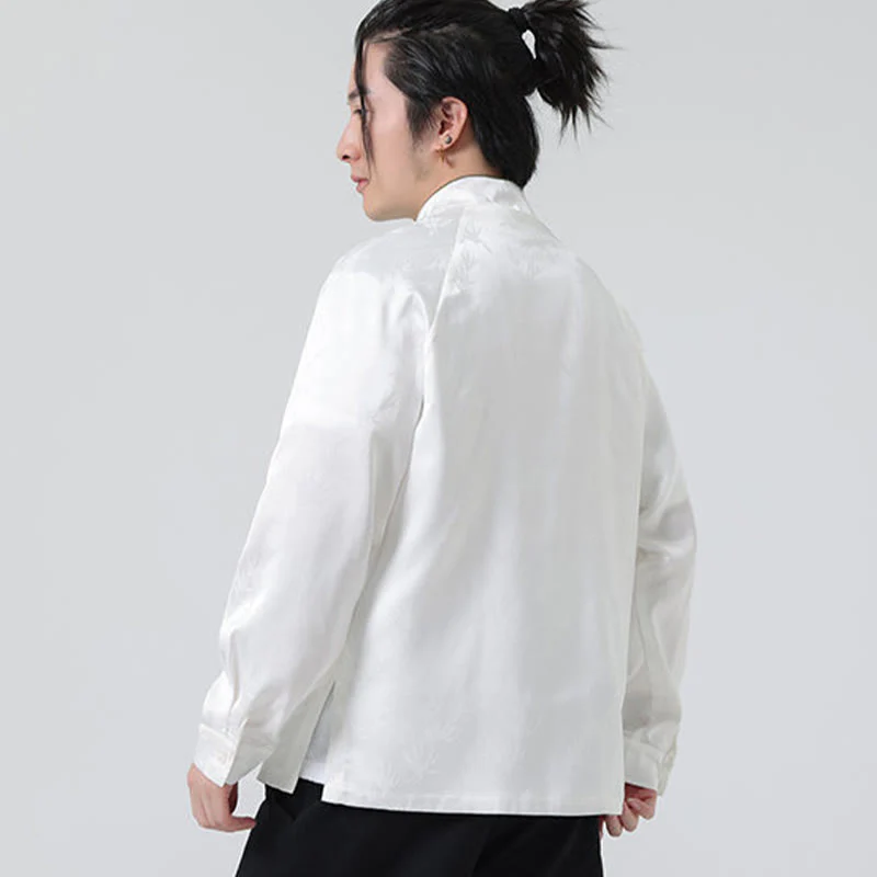 Buddha Stones Spring Jacquard Bamboo Leaves Pattern Chinese Frog-Button Design Men's Long Sleeve Shirt