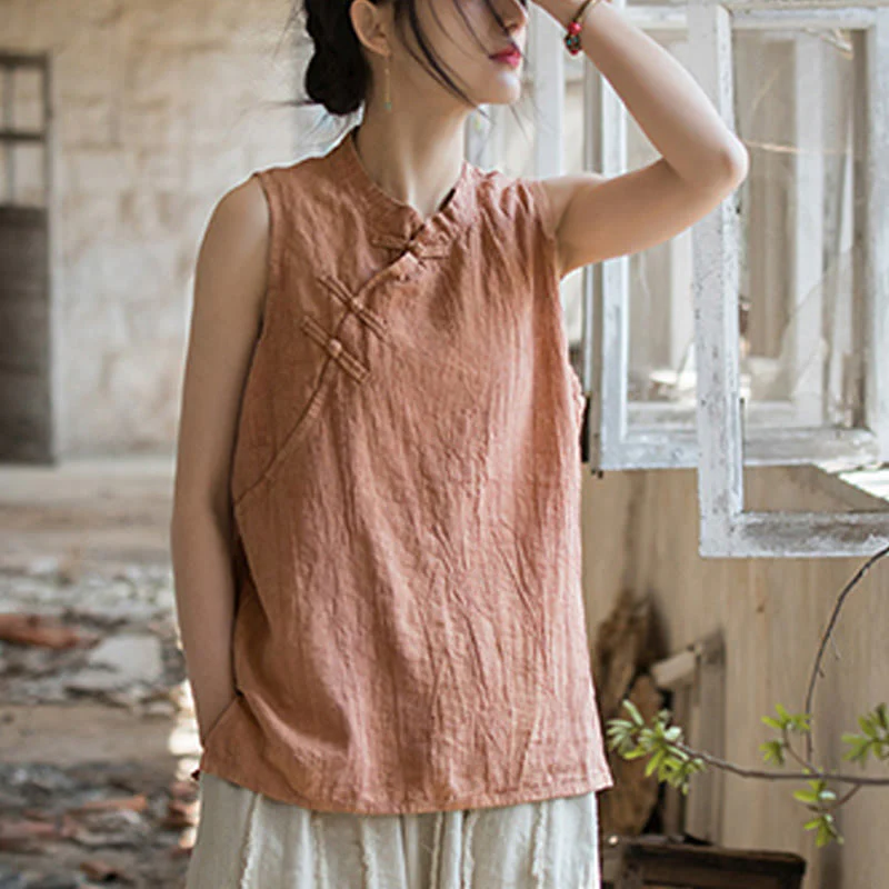 Buddha Stones Summer Tie-dye Frog-Button Ramie Cotton Sleeveless Women's Vest