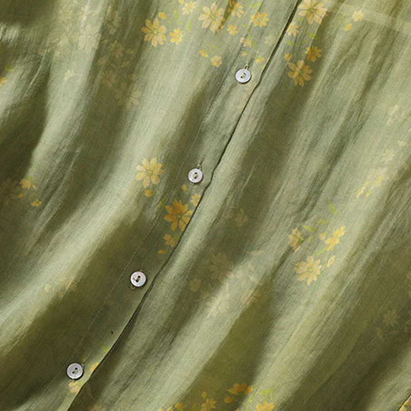 Buddha Stones Small Yellow Flower Leaves Buttons Short Sleeve Women's Shirt