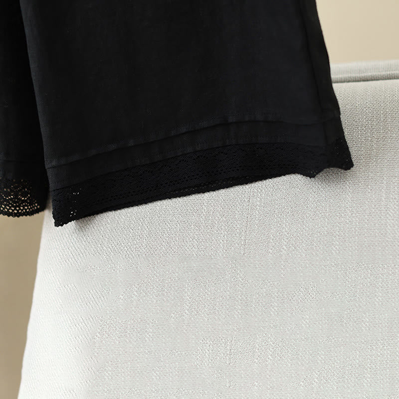 Buddha Stones Commute Retro Plain Lace Patchwork Design 7-8 Length Women's Wide Leg Cotton Pants With Pockets