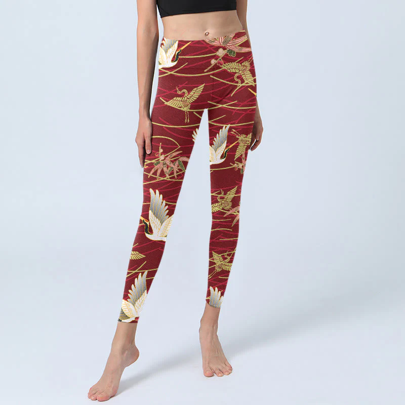 Buddha Stones Flying Cranes Slender Branches Print Gym Leggings Women's Yoga Pants