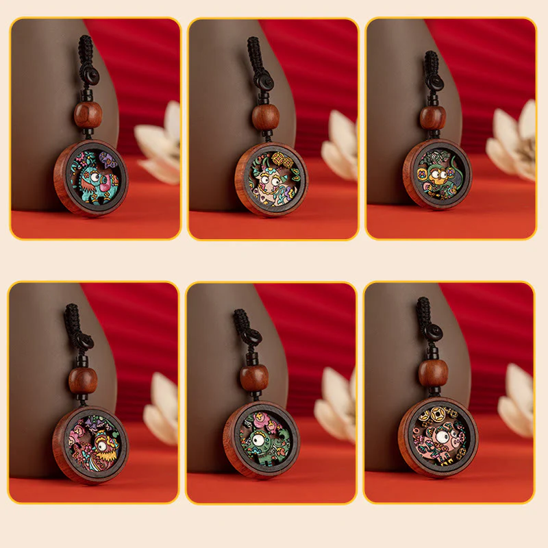 Buddha Stones Year Of The Dragon Hand Painted Chinese Zodiac Rosewood Carved Calm Key Chain