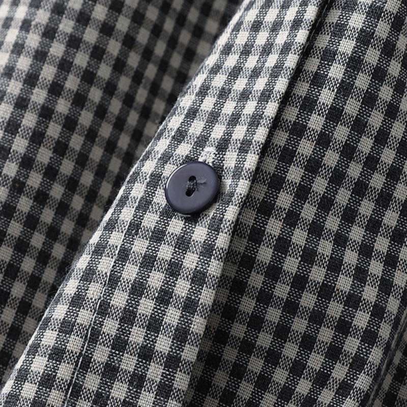 Buddha Stones Casual Plaid Pattern Long Lantern Sleeve Cotton Linen Midi Dress With Pockets