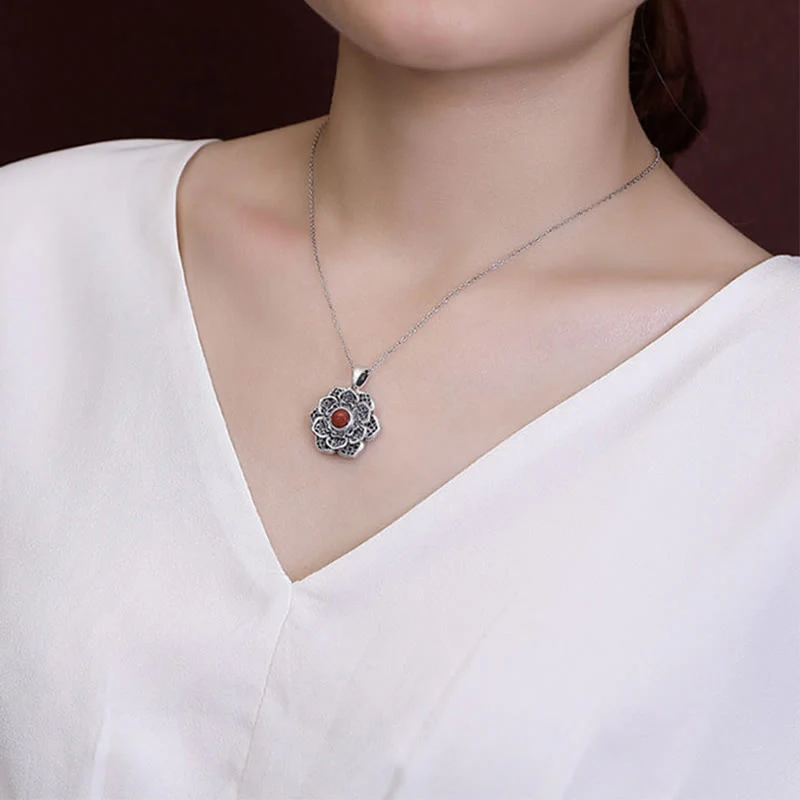 Buddha Stones Tibetan Om Mani Padme Hum Lotus Pattern Red Agate Copper Peace Necklace Pendant