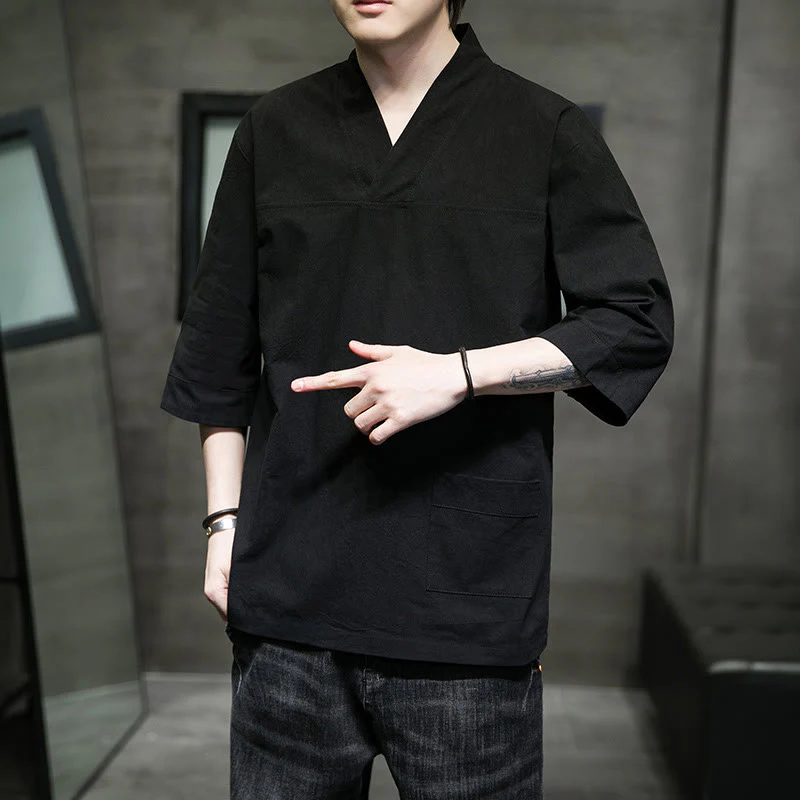 Buddha Stones Summer Casual Simple V-Neck Design Men's Cotton Linen Three Quarter Sleeve T-Shirt With Front Pocket