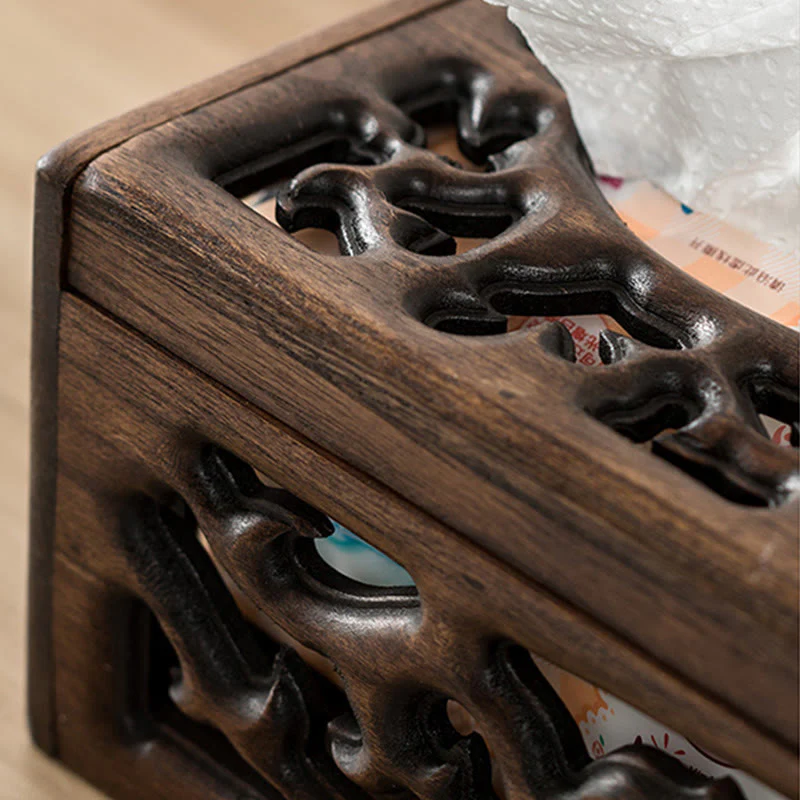 Buddha Stones Retro Wooden Tissue Box Engraved Wooden Tissue Holder Wipes Boxes Decoration