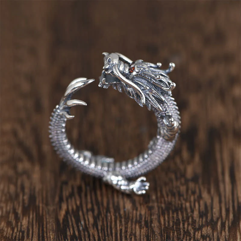 Buddha Stones 925 Sterling Silver Dragon Luck Protection Ring