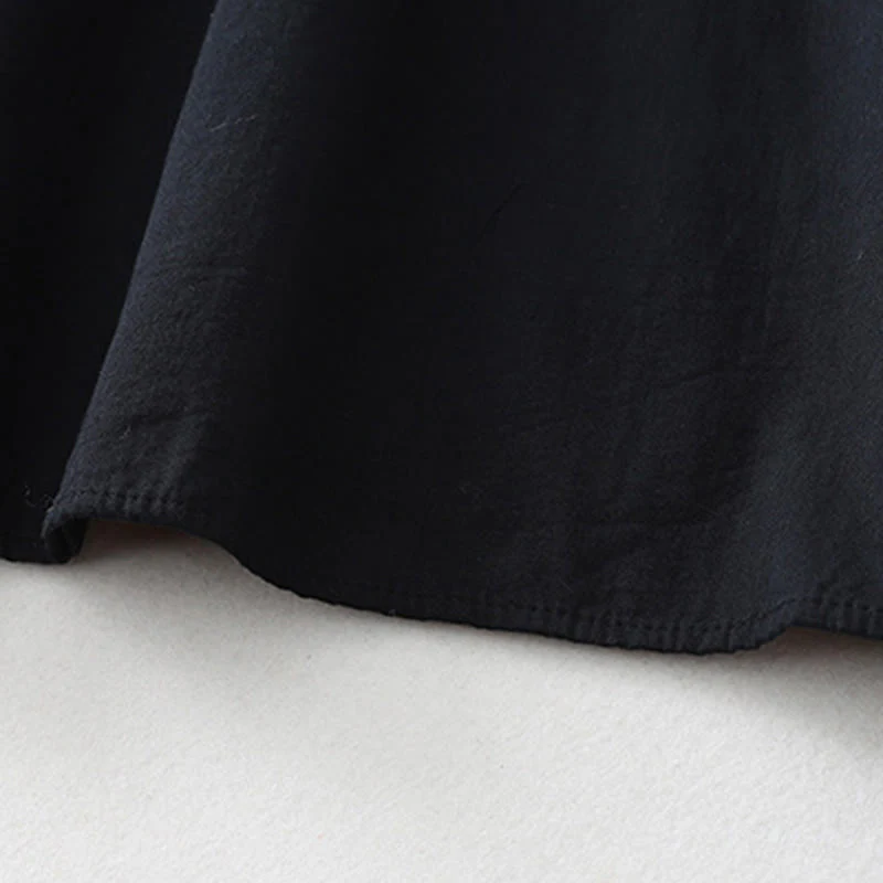 Buddha Stones Casual Ruffled Lace Patchwork Design Puff Sleeve Cotton Midi Dress With Pockets