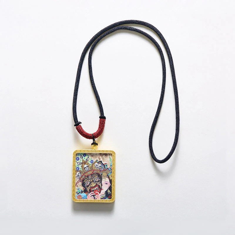 Buddha Stones Tibetan Zakiram Nine Tailed Fox Yellow God of Wealth Painted Thangka Hope Necklace Pendant