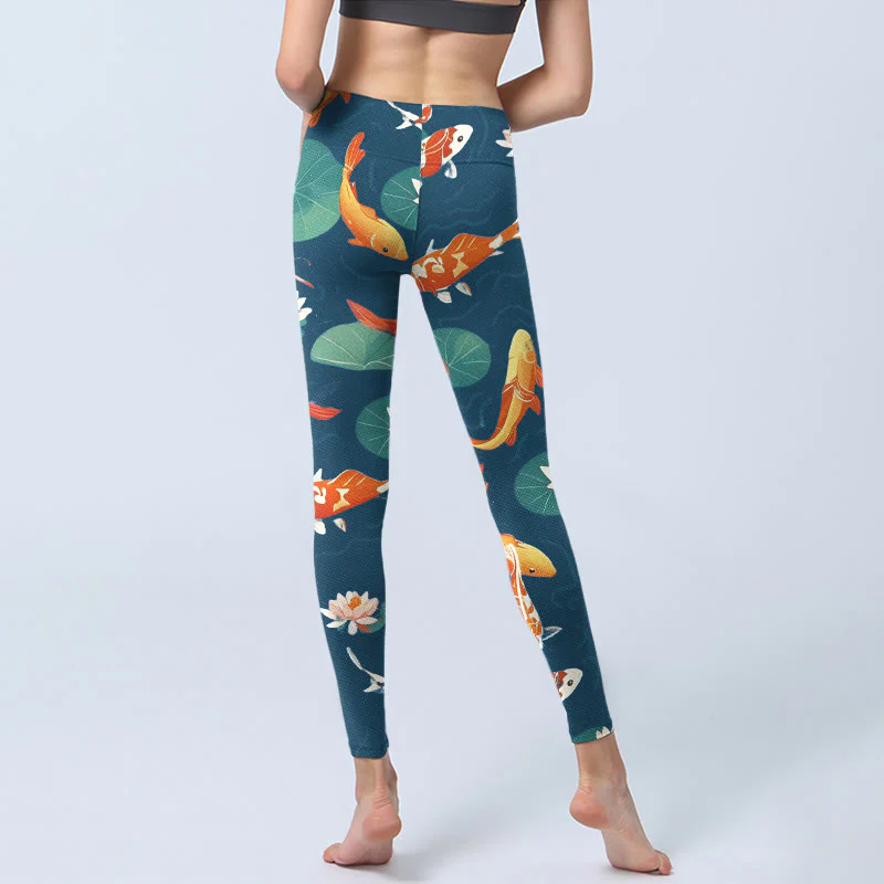 Buddha Stones Koi Fish Lotus Flower Lotus Leaves Pattern Print Gym Leggings Women's Yoga Pants