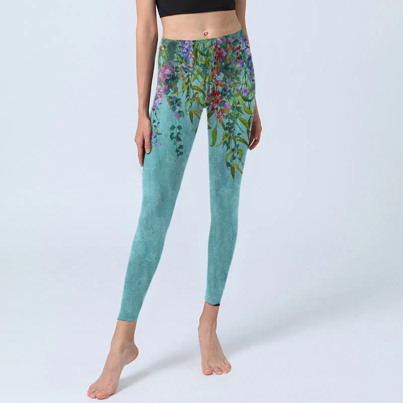 Buddha Stones Vibrant Flowers Green Willow Leaves Print Gym Leggings Women's Yoga Pants