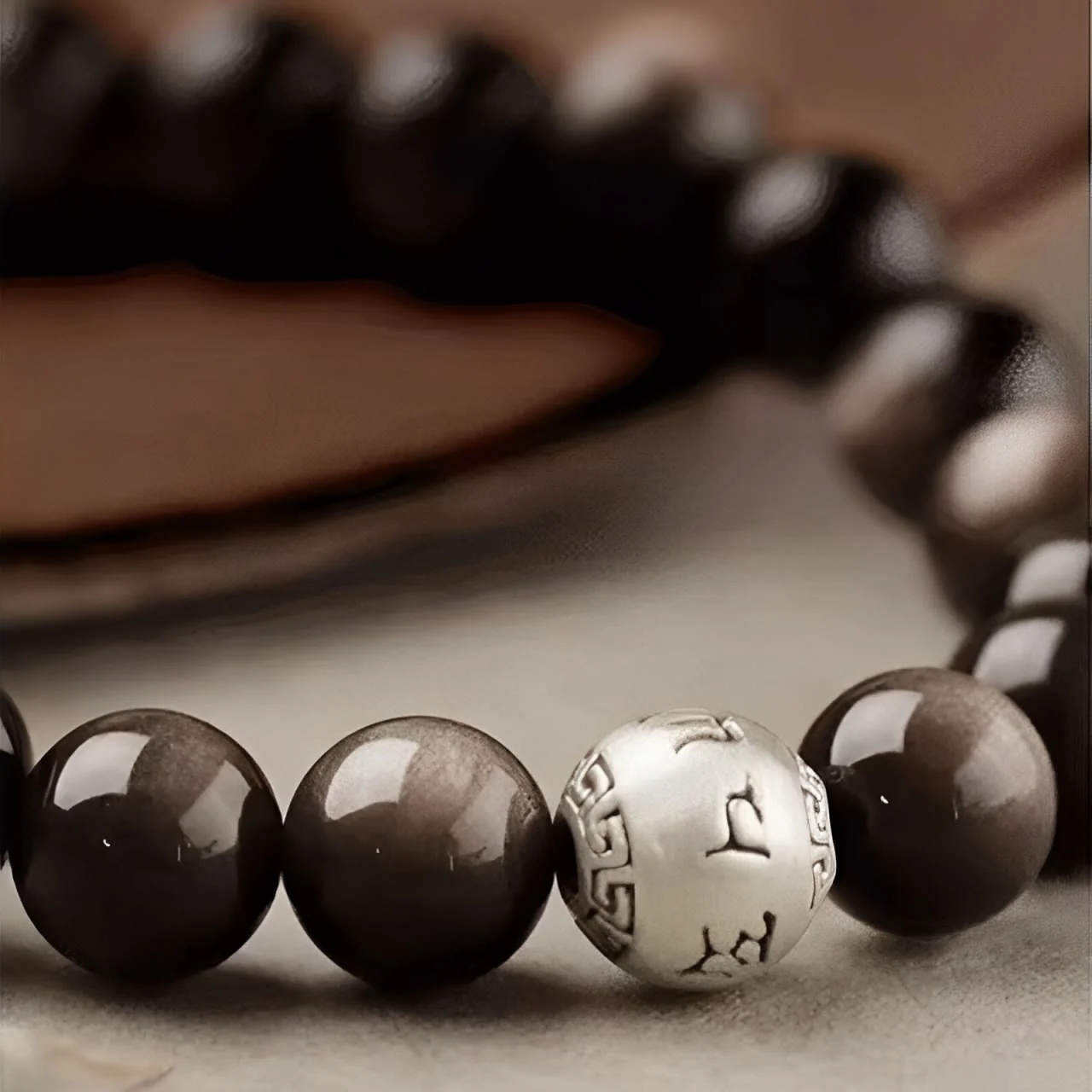 Buddha Stones Natural Silver Sheen Obsidian Om Mani Padme Hum Protection Bracelet