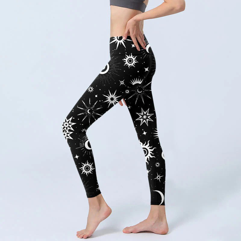 Buddha Stones Sun Moon Star Pattern Print Gym Leggings Women's Yoga Pants