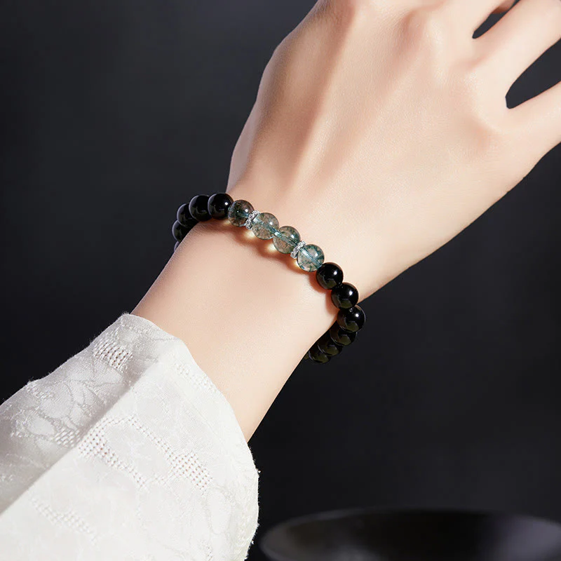 Buddha Stones 925 Sterling Silver Black Obsidian Green Phantom Strength Bracelet
