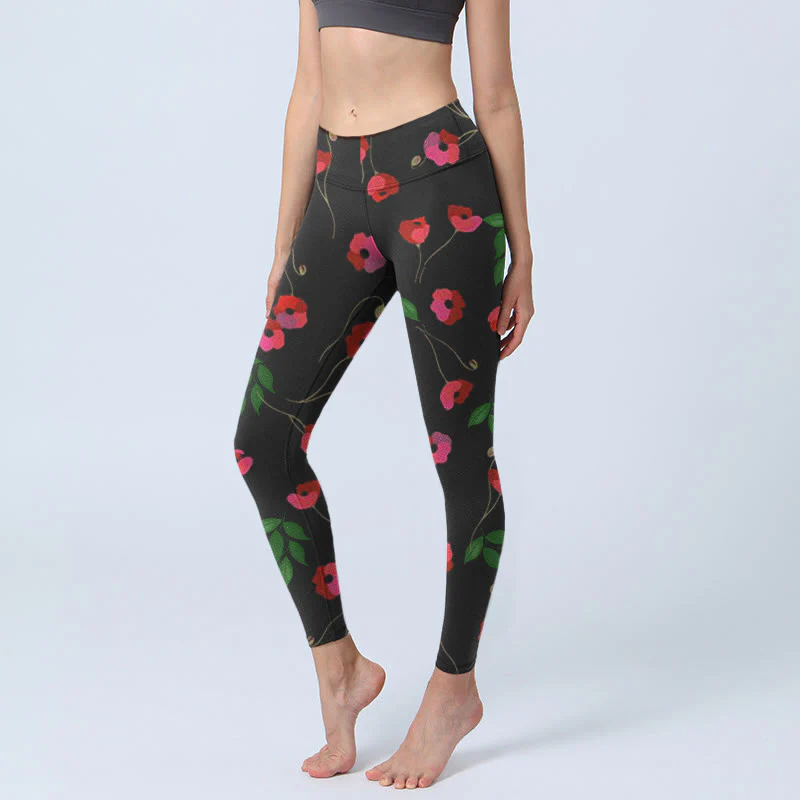 Buddha Stones Vibrant Red Flowers Green Leaves Print Gym Leggings Women's Yoga Pants