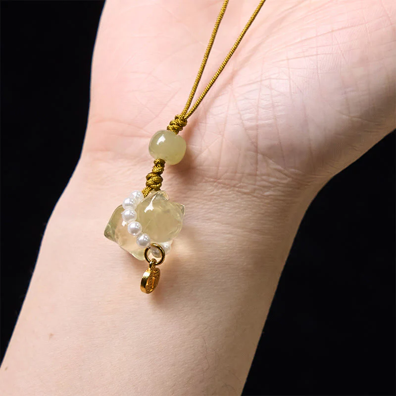 Buddha Stones Pink Crystal Amethyst Citrine Pearl Fu Character Lucky Kitten Warmth Phone Hanging Decoration